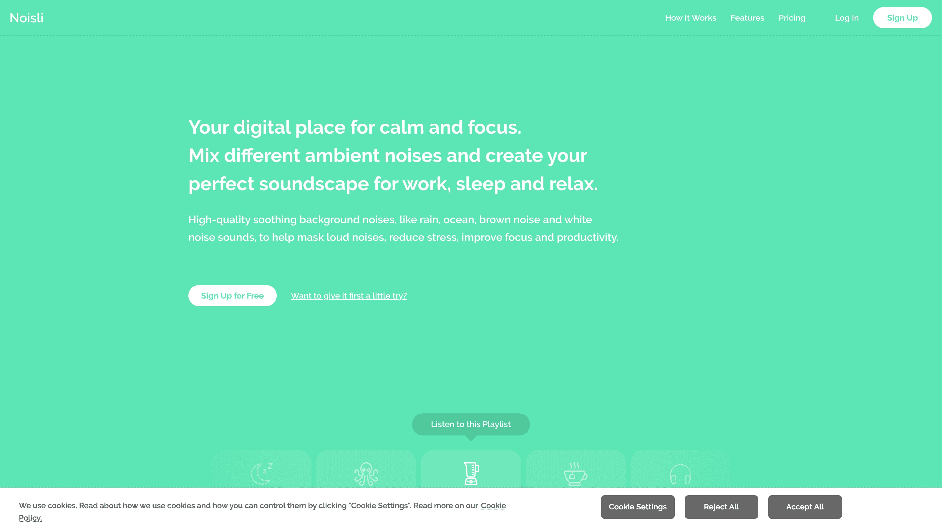 Noisli interface showing a mix of sound icons and a colorful background