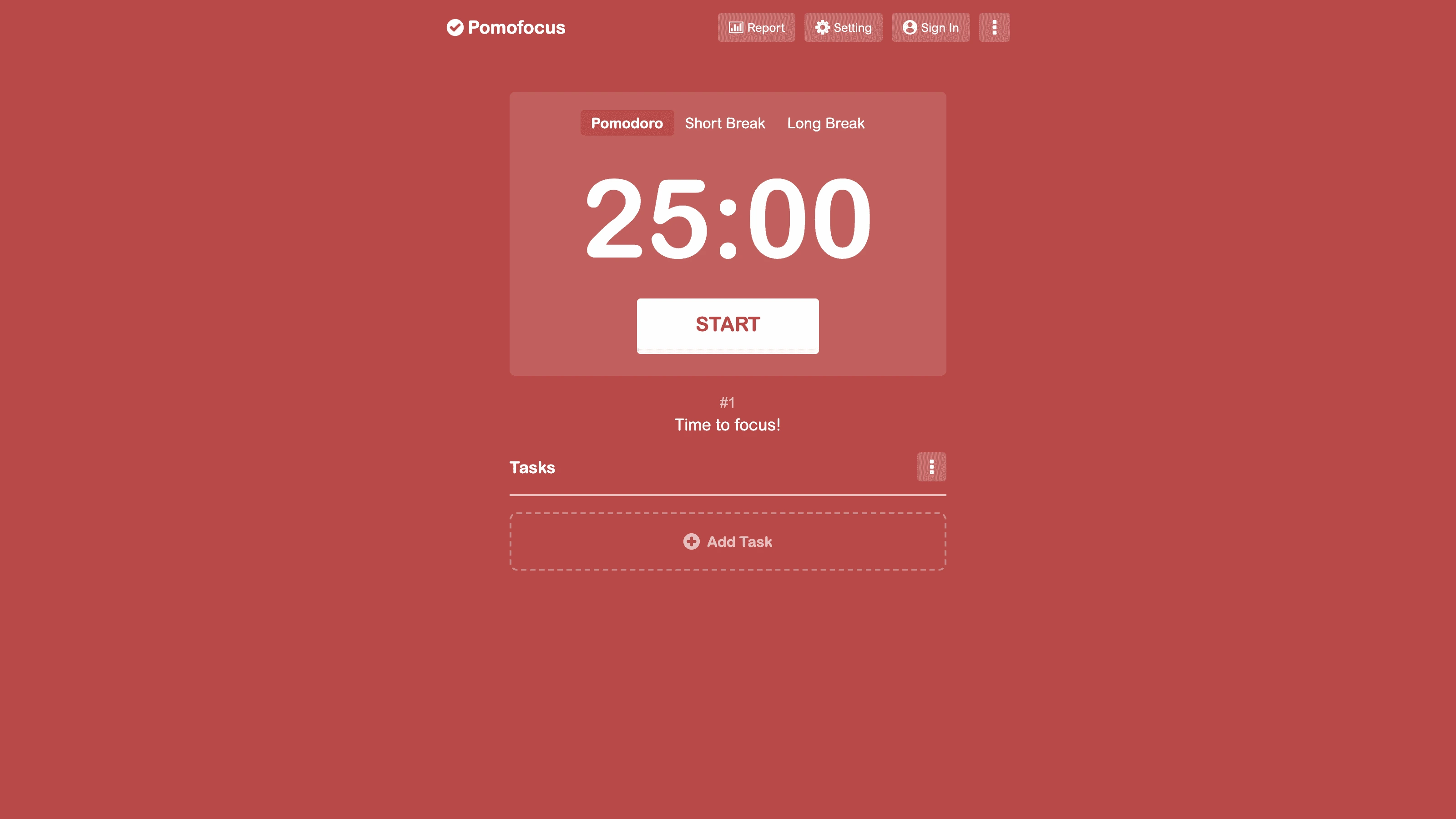 Pomofocus app interface showing a timer and task list
