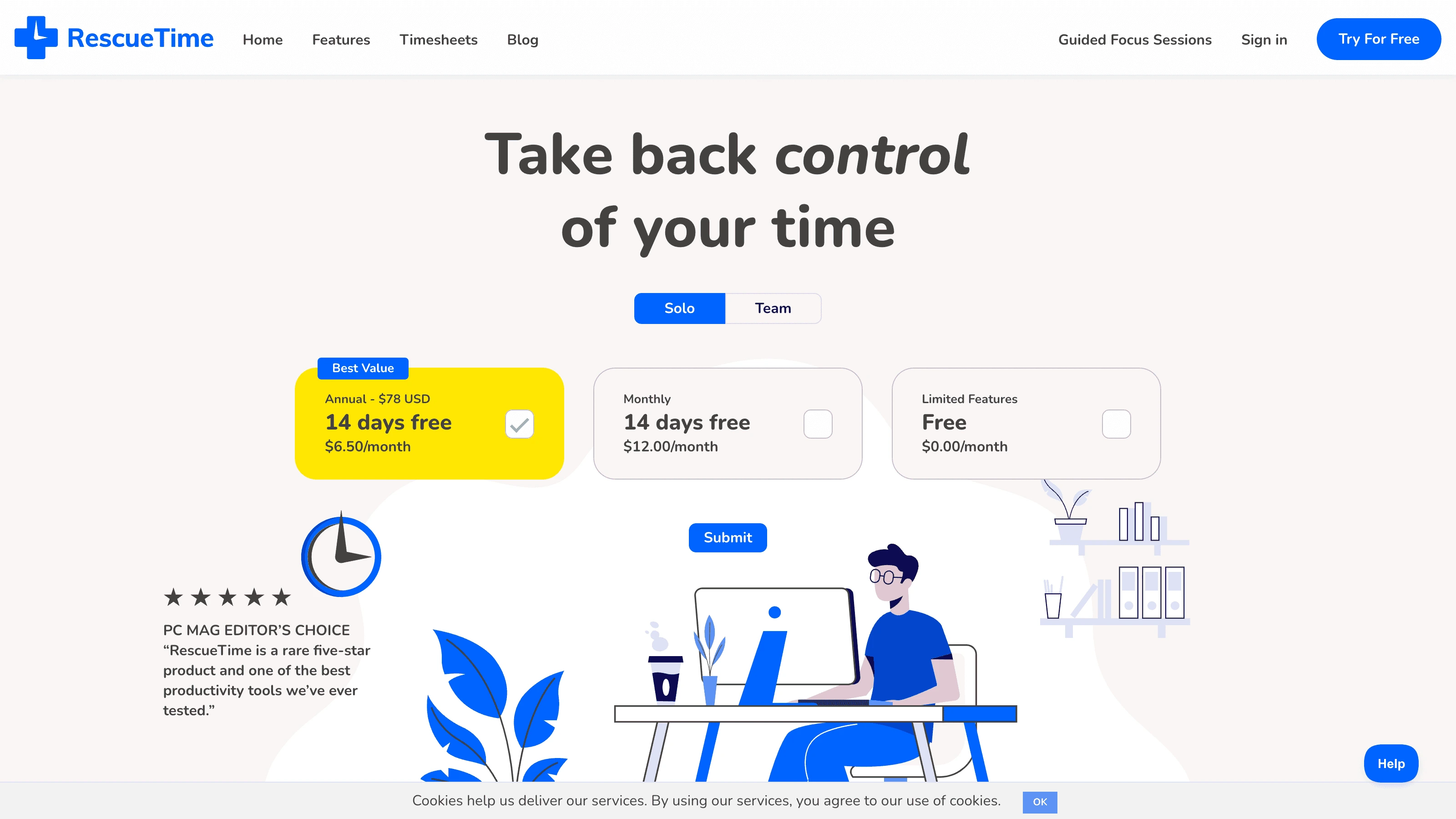 RescueTime dashboard showing time breakdown and productivity score